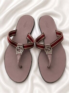 Gucci Pink Leather Thong Sandals with Burgundy Stripe